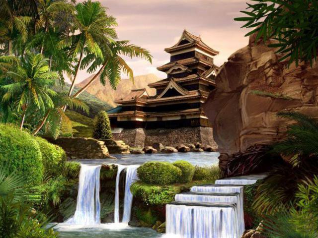 Восток - пейзаж, природа, восток, водопады, пагода - оригинал