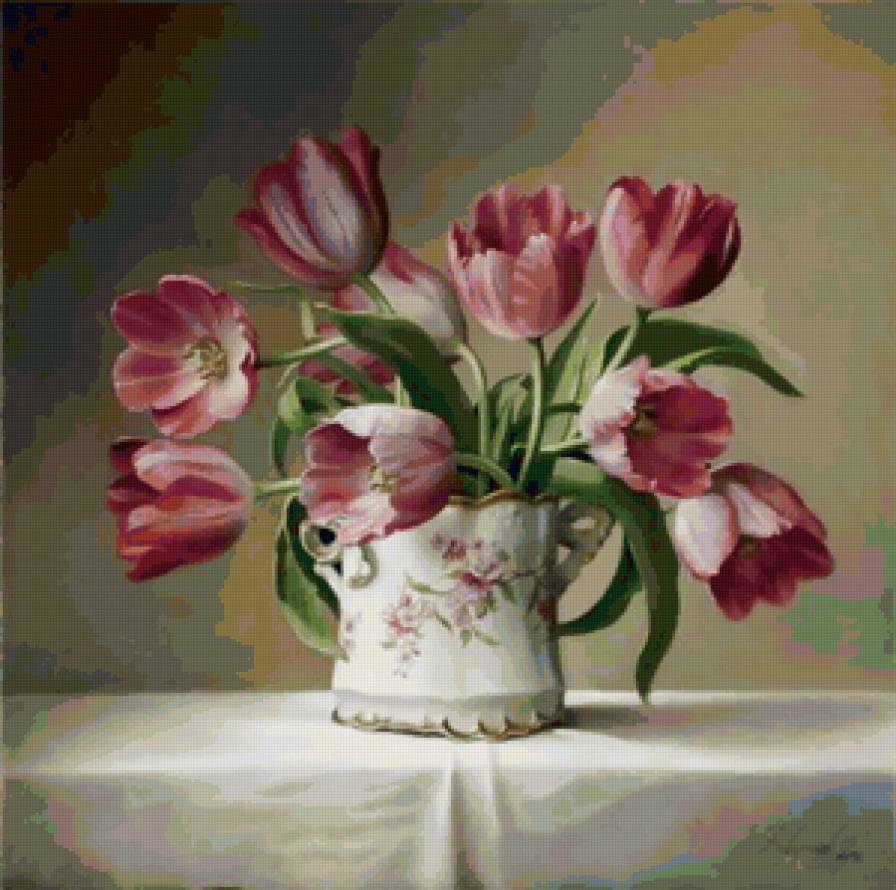 Букет тюльпанов - натюрморт, букет, картина, ваза, цветы - предпросмотр