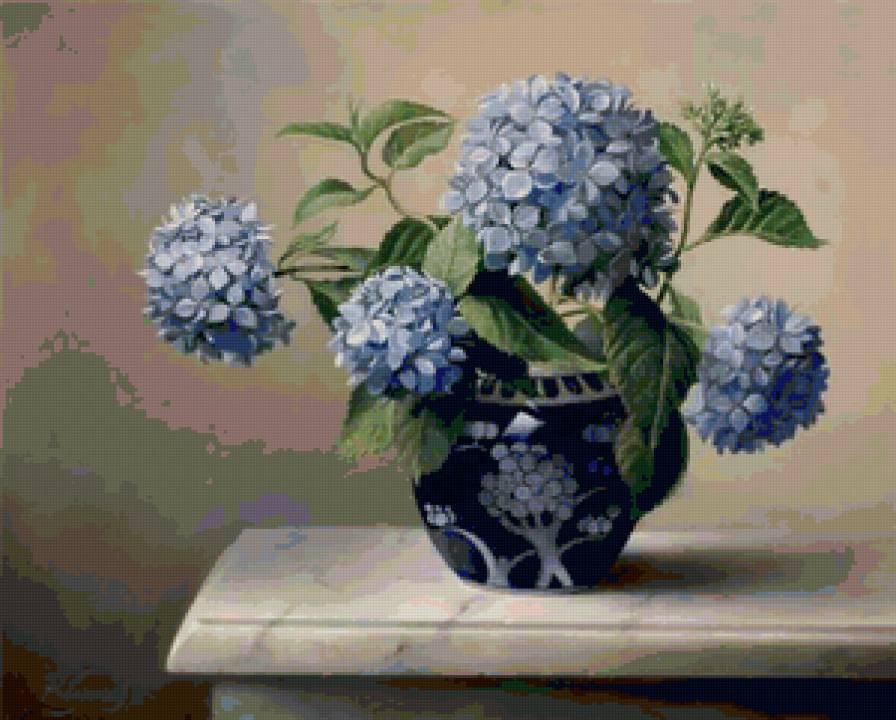 Гортензия в вазе - ваза, натюрморт, цветы, картина - предпросмотр