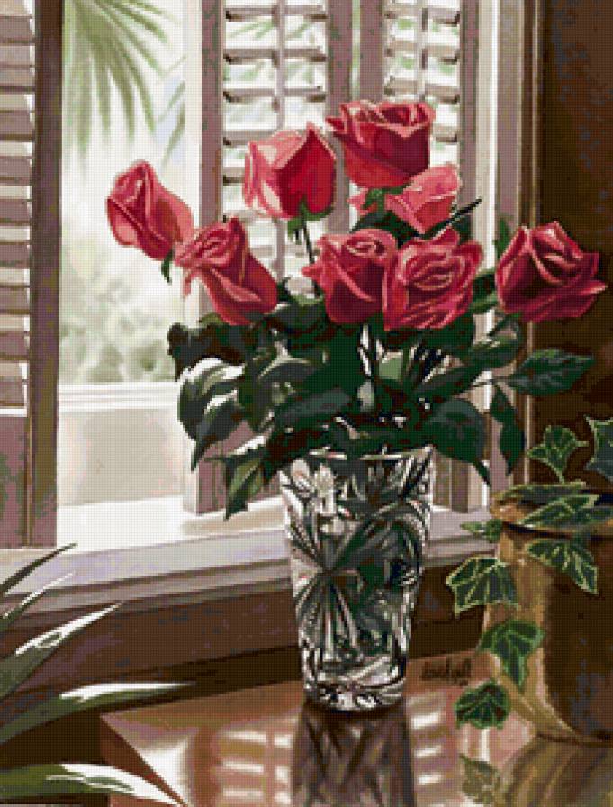 Розы на столе - букет, ваза, цветы, картина - предпросмотр