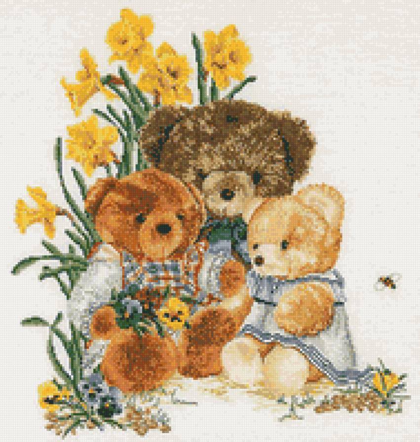 Мишки в нарциссах - нарцисс, медведь, животные, игрушка, цветы - оригинал