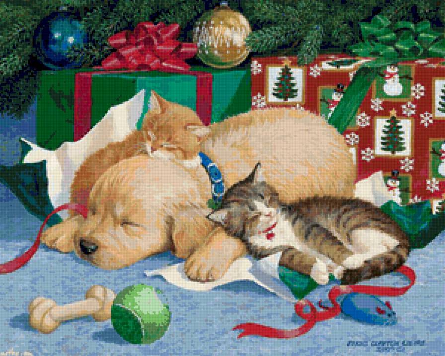 котята и щенок по картине Persis Claymon Weirs - котята, подарки, новый год, щенок, картина - предпросмотр