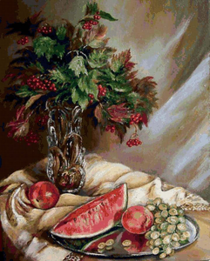 натюрморт - ваза, арбуз, виноград, для кухни, рябина, яблоки - предпросмотр