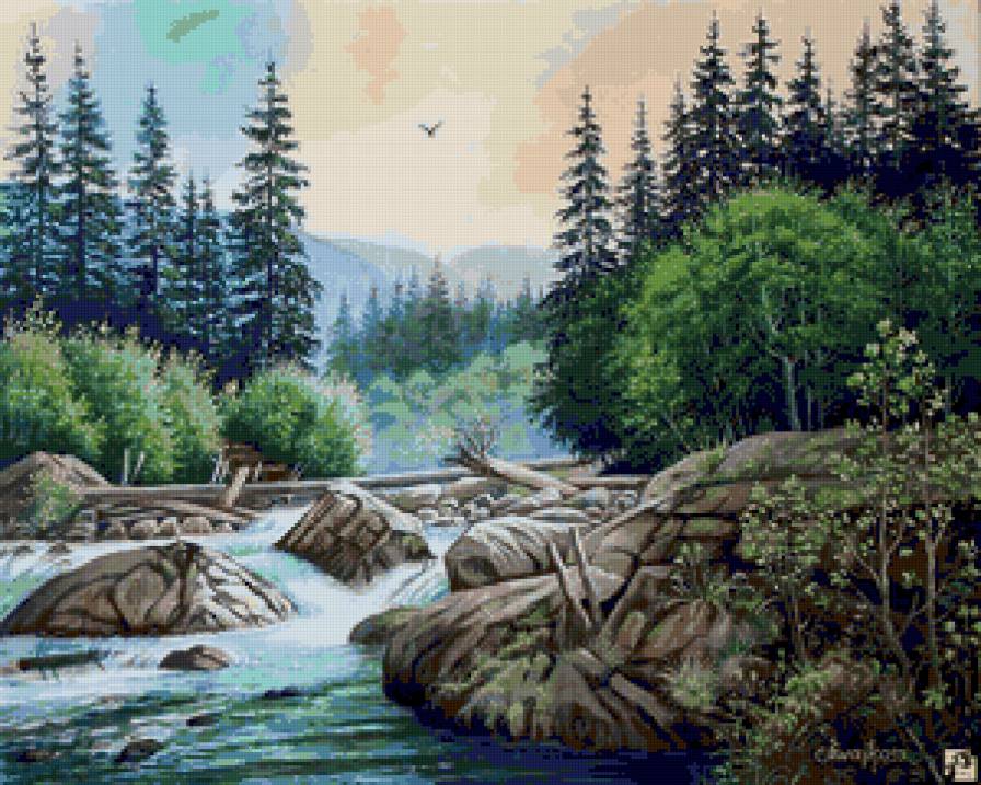Горная река - живопись, лес, красота природы, природа, река, пейзаж, горы - предпросмотр