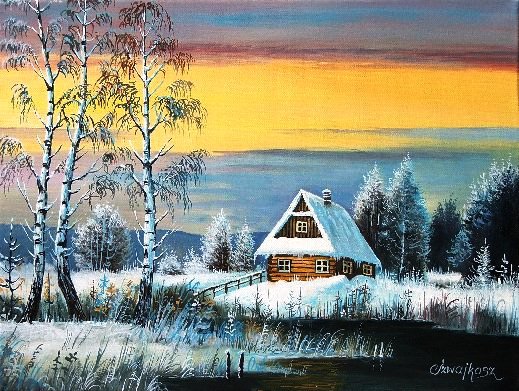 Зимний вечер - домик, домики, зима, зимние домики, зимний пейзаж, снег, природа - оригинал