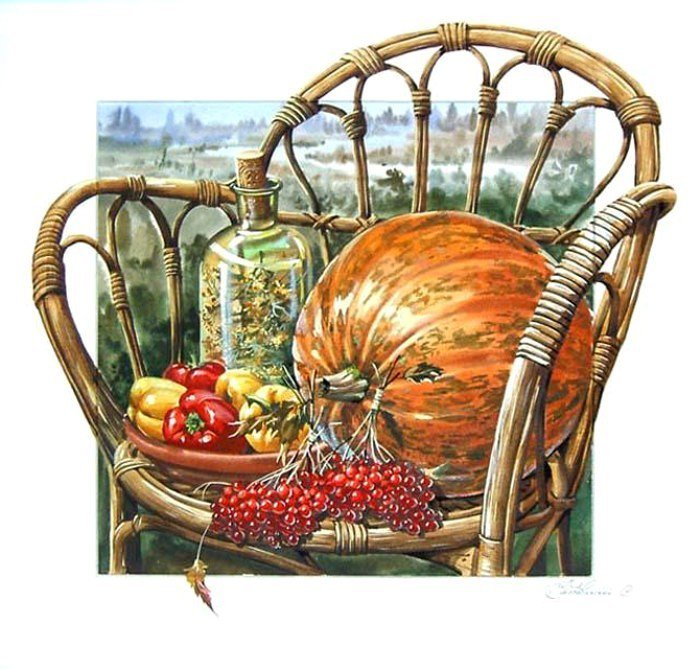 Натюрморт на плетеном кресле - для кухни - оригинал