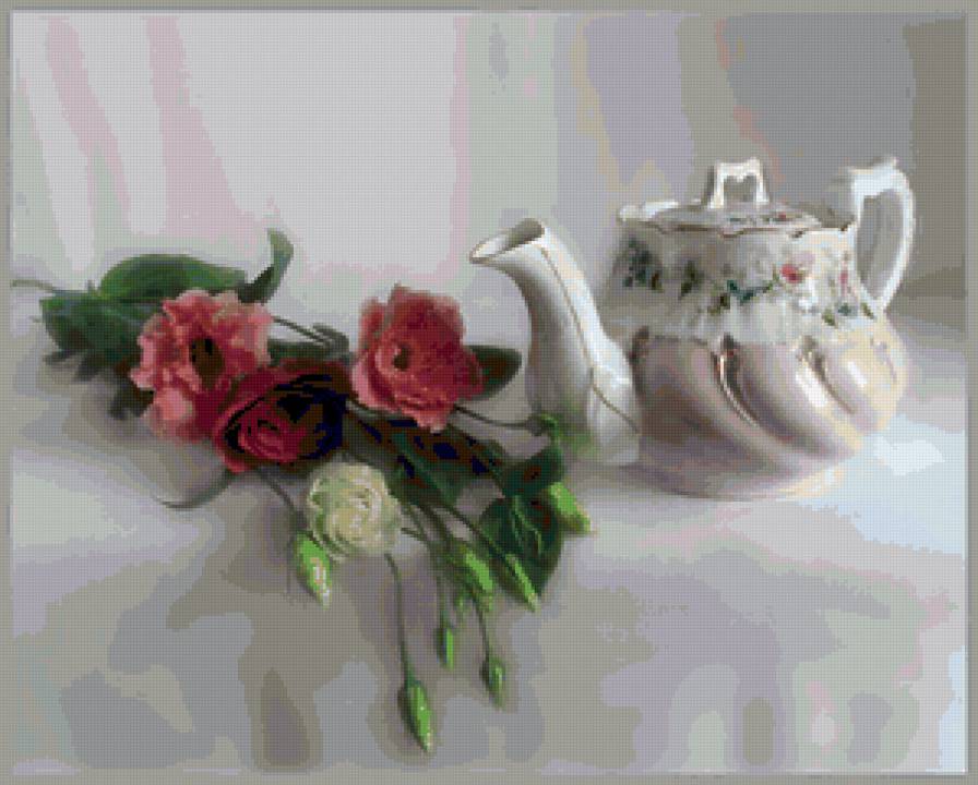 натюрморт - натюрморт, букет, чайник, цветы - предпросмотр