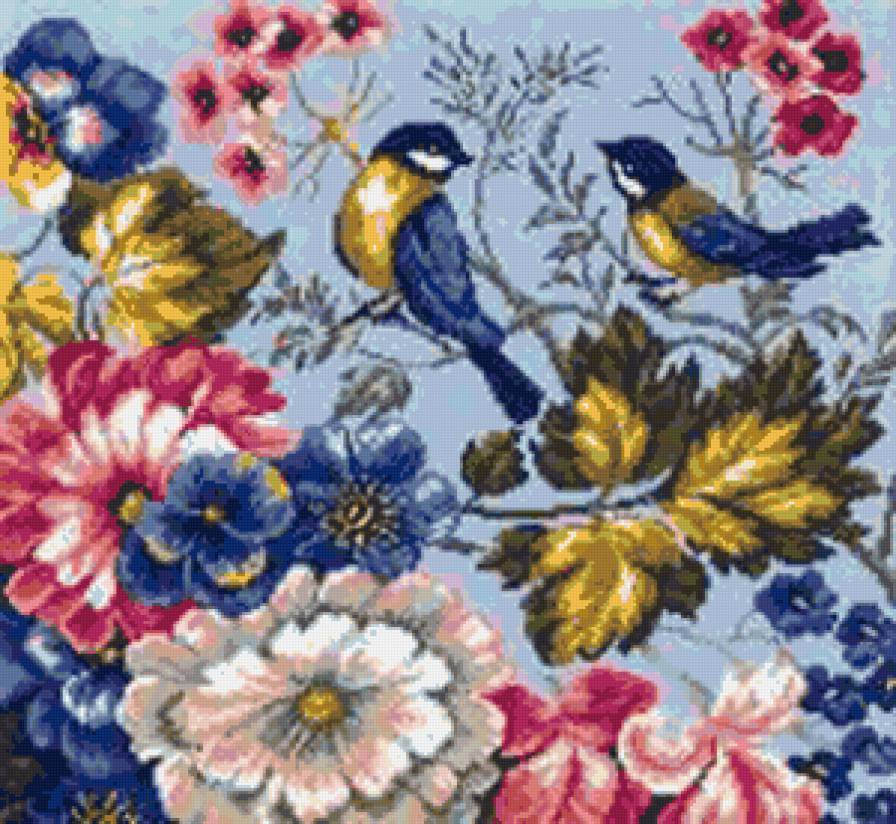 Подушка "Синички" - синичка, цветы, пушистые птички, синички, подушка, птичка - предпросмотр