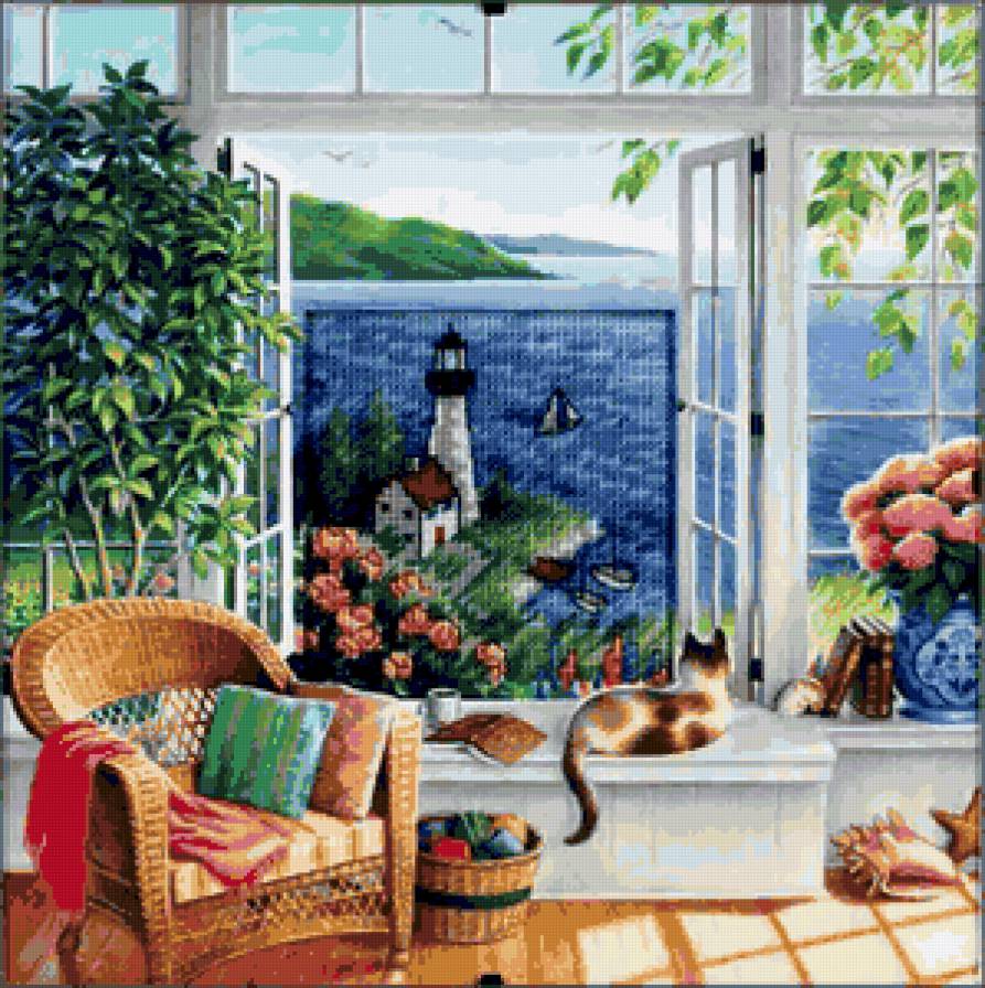 Райский уголок - кошка, солнце, маяк, райский уголок, пейзаж, море, цветы - предпросмотр