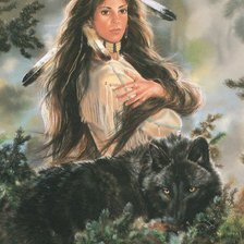 Оригинал схемы вышивки «девушка и волк» (№65484)