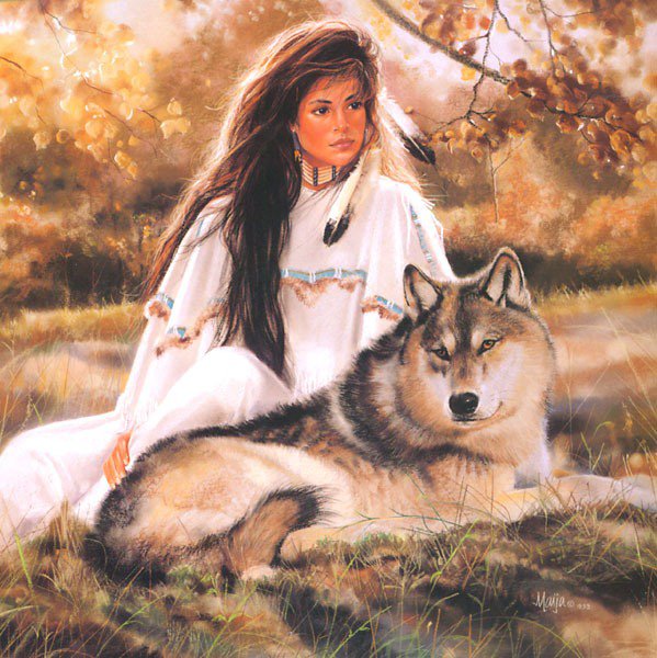 девушка и волк - мотив, образ, волки, картина, животные, девушки, индейцы - оригинал