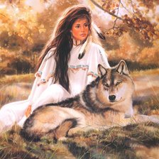Оригинал схемы вышивки «девушка и волк» (№65486)
