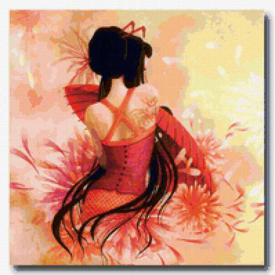 девушка с зонтиком - зонтик, красный, спина, японский, девушка - предпросмотр