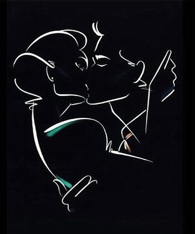 поцелуй - рисунок, двое, пары, силует - оригинал