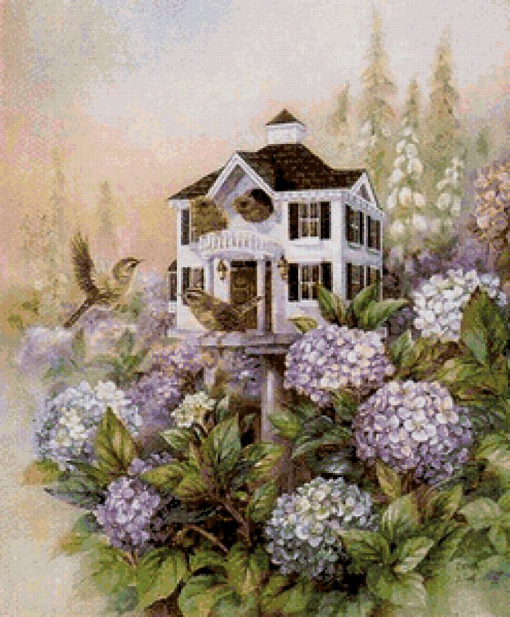 №66520 - цветы, рисунок, пейзаж, птицы, природа, картина - предпросмотр