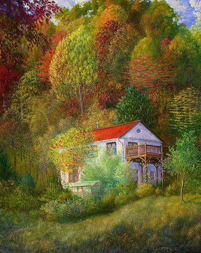 дом в лесу - осень, природа, деревья, дома, живопись - оригинал