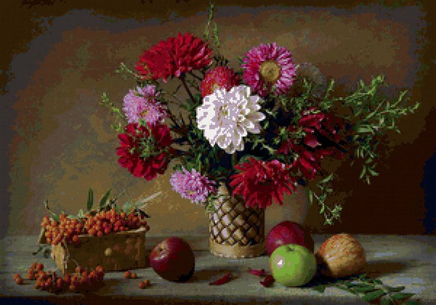 натюрморт - яблоки, георгины, рябина - предпросмотр