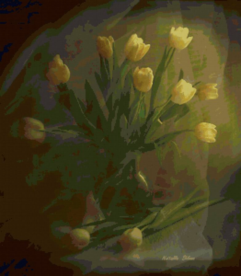 под вуалью - натюрморт, цветы, тюльпаны, букет - предпросмотр