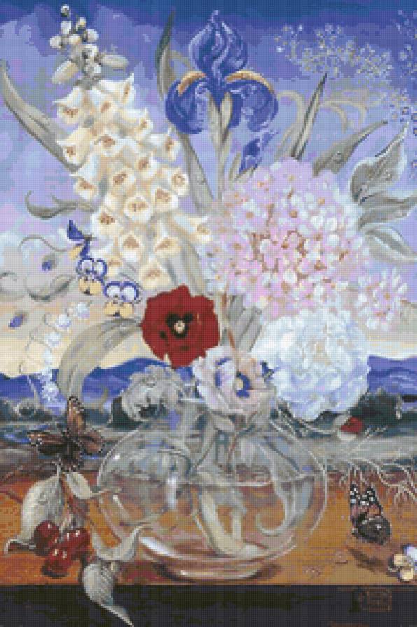 №66786 - натюрморт, цветы, бабочки, ягоды, букет, живопись - предпросмотр