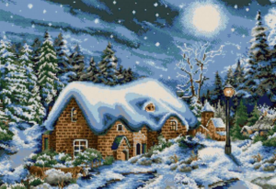 Зимний вечер - зимняя сказка, природа, ягодки, снег, домики, пейзаж, домик, зима - предпросмотр