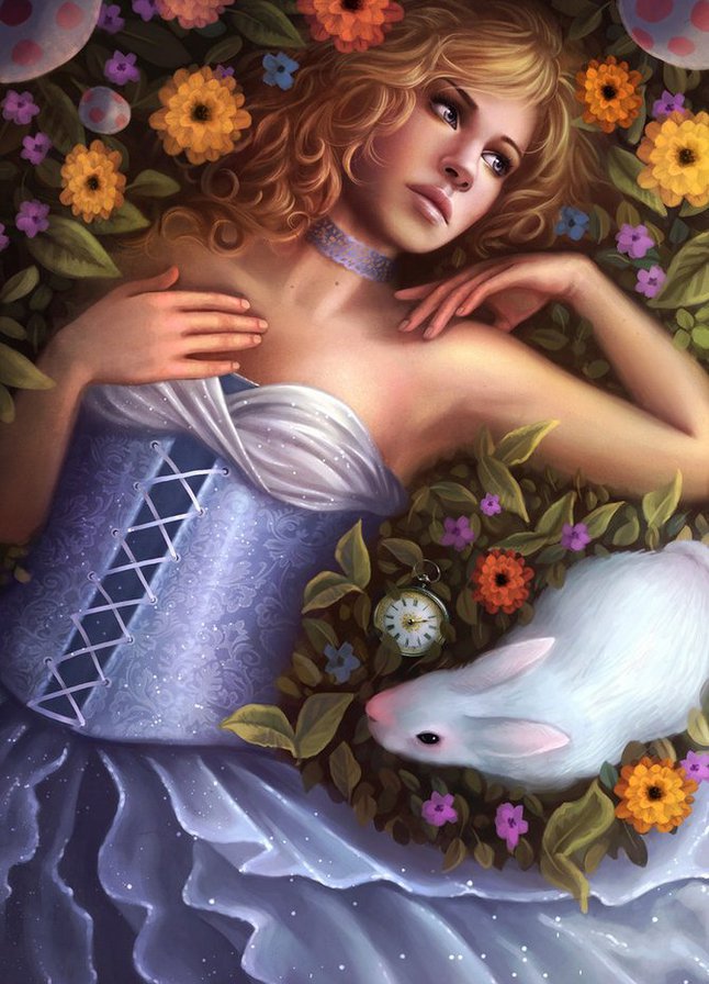 №67779 - картина, животные, девушка, цветы - оригинал