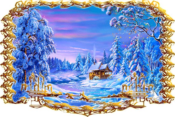 новый год - домик, праздник, деревья, снег, зима - оригинал