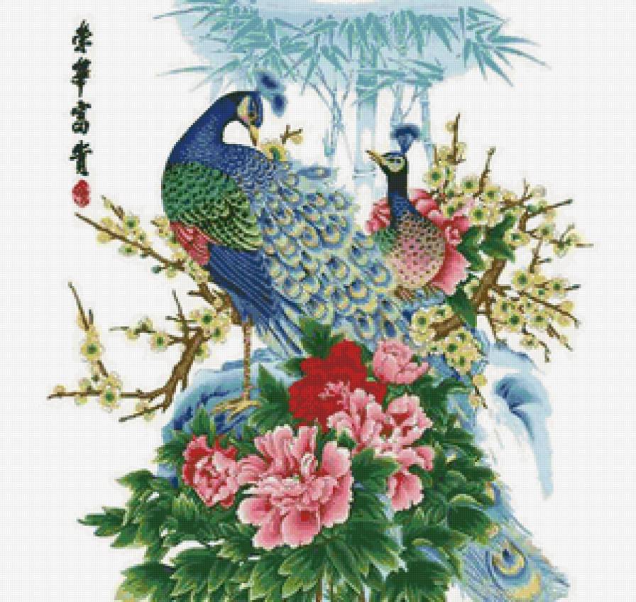 Павлины - картина, птицы, китайская живопись - предпросмотр