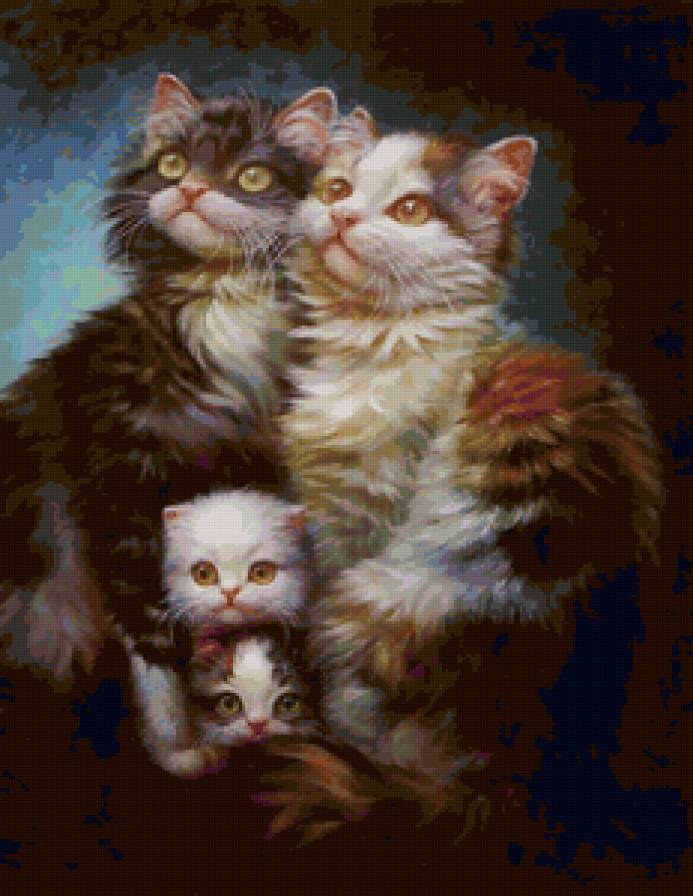 семейный портерт - жмвотные, живопись, коты, кошки, портрет - предпросмотр