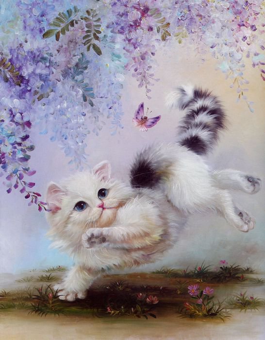 котенок и бабочка - живопись, котята, котенок, коты, кошки, животные, бабочка - оригинал