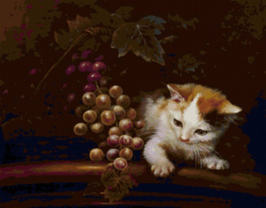 котенок и виноградный листочек - котенок, кошки, живопись, виноград, коты, котята - предпросмотр