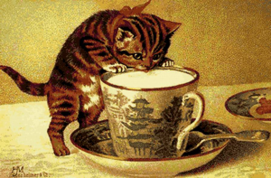 утреннее молоко - котята, натюрморт, котенок, кошки, живопись, животные, коты - предпросмотр