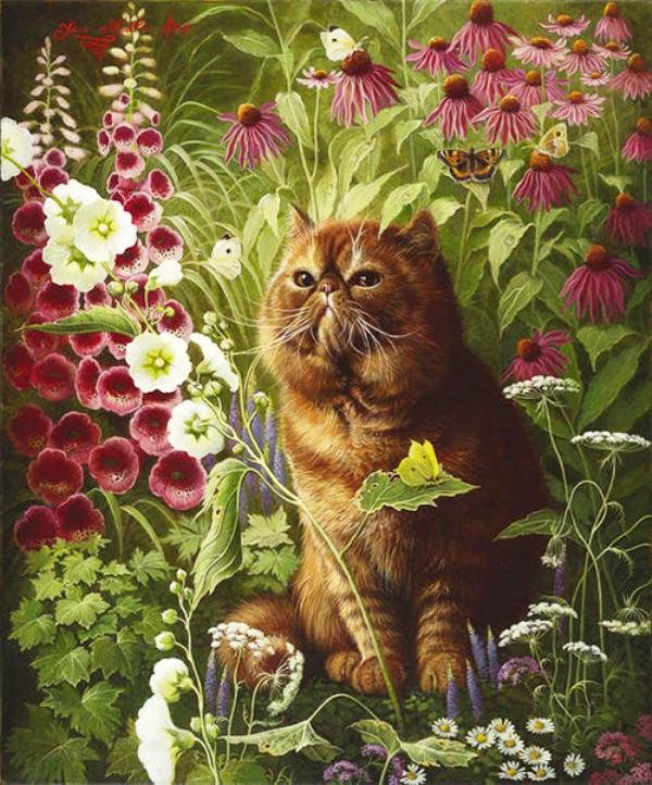 Кот и цветы - цветы, кот, живопись, животные, пейзаж - оригинал