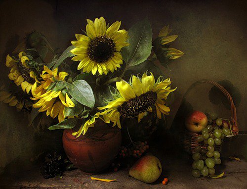 №68951 - натюрморт, цветы, подсолнухи, букет, фрукты - оригинал