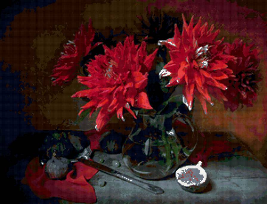 №68971 - фрукты, георгины, букет, натюрморт, цветы - предпросмотр