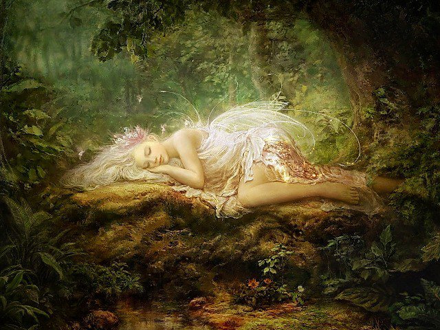 спащяя в лесу - лес, фея, сон, девушка - оригинал