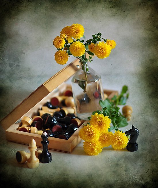 натюрморт - натюрморт, шахматы, цветы - оригинал