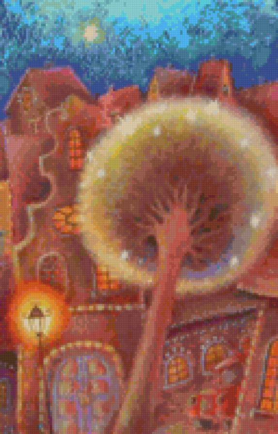 "зоряне дерево", худ. Вітановська Р. - дом, ночь, пейзаж, фонари, дерево - предпросмотр