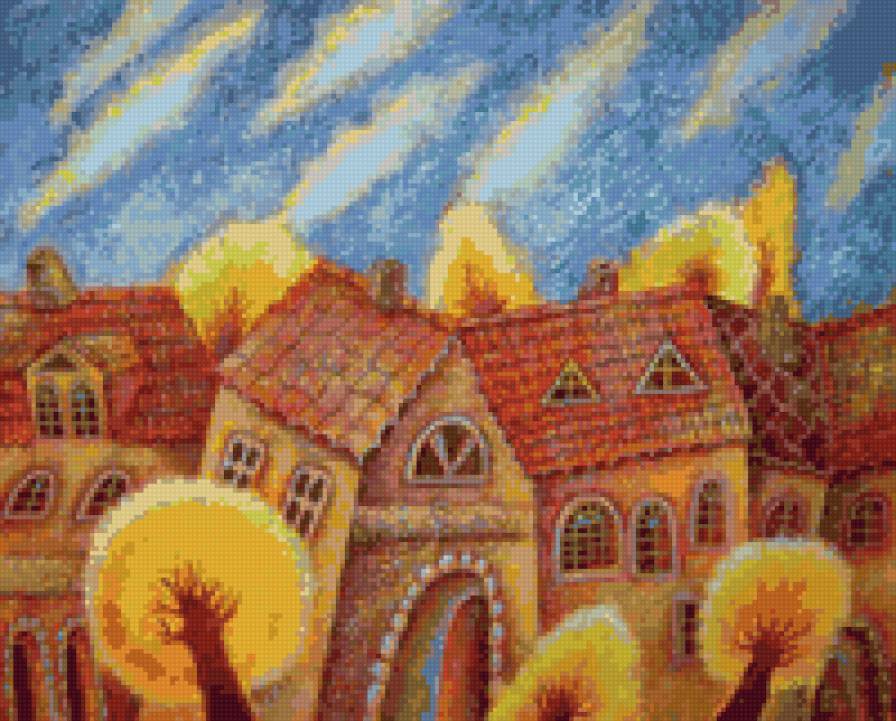 "бабине літо", худ. Вітановська Р. - деревья, осень, пейзаж, дома - предпросмотр