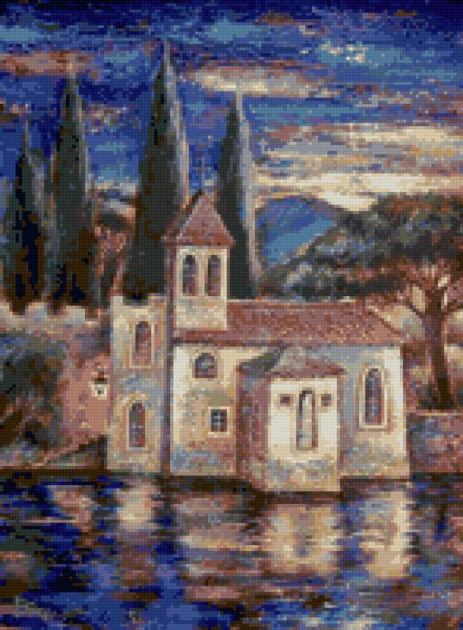 "старий храм", худ. Вітановська Р. - ночь, деревья, храм, пейзаж, вода - предпросмотр