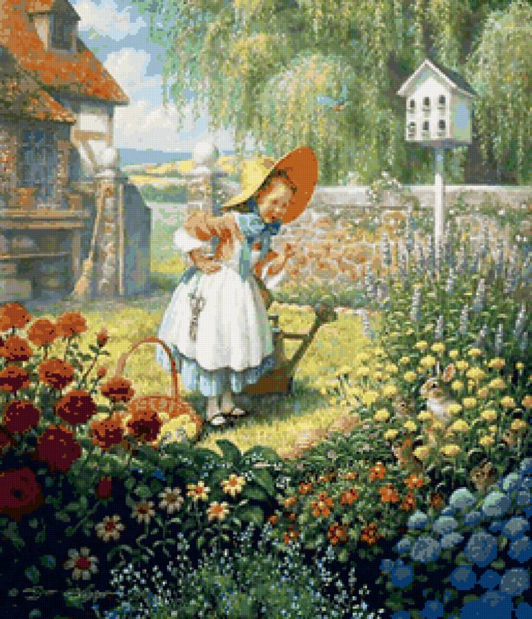 Девочка в саду - девочка, сад, рисунок, ребенок, цветы, природа - предпросмотр