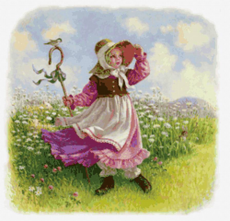 Маленькая пастушка - рисунок, девочка, ребенок, природа - предпросмотр