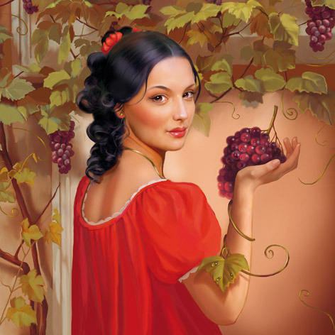 виноградная лоза - гроздь винограда, девушка в красном - оригинал