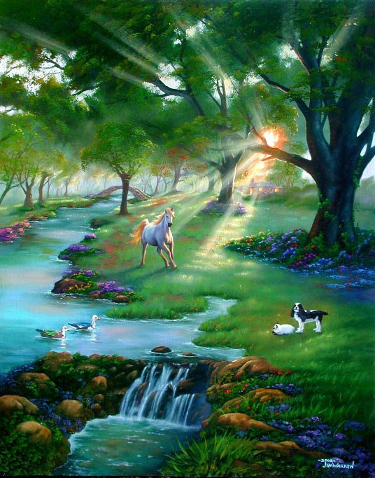 Сказочный лес - река, фэнтези, лес, рассвет, лошадь, пезаж, природа - оригинал
