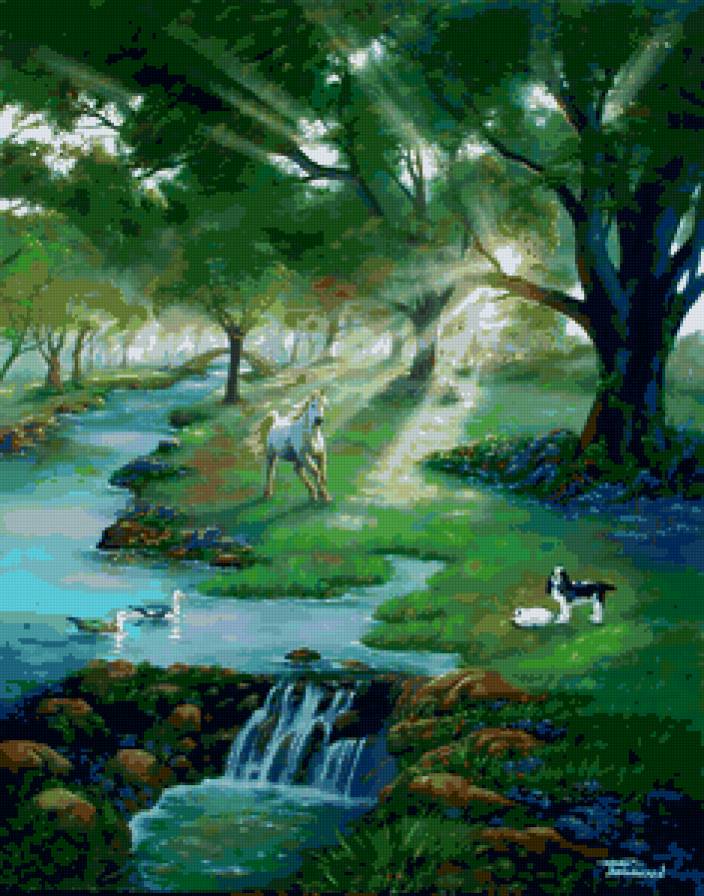 Сказочный лес - природа, лес, река, рассвет, пезаж, фэнтези, лошадь - предпросмотр