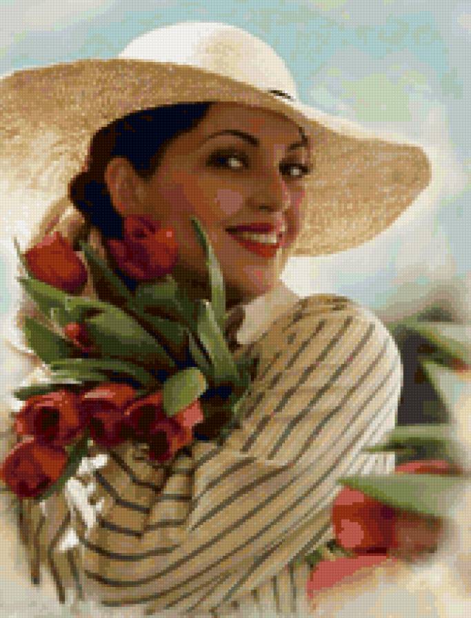 соломенная шляпка - девушка, шляпка, тюльпаны - предпросмотр