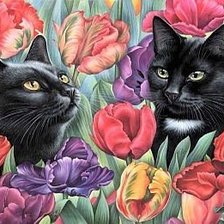 Оригинал схемы вышивки «Кошки в цветах» (№69921)