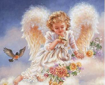 Ангелочек и птички - ребенок, птицы, ангел, красота - оригинал