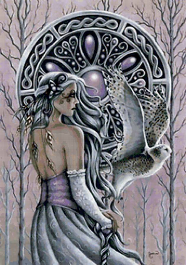 Дева и сова - девушка, сова, фэнтези, орнамент - предпросмотр