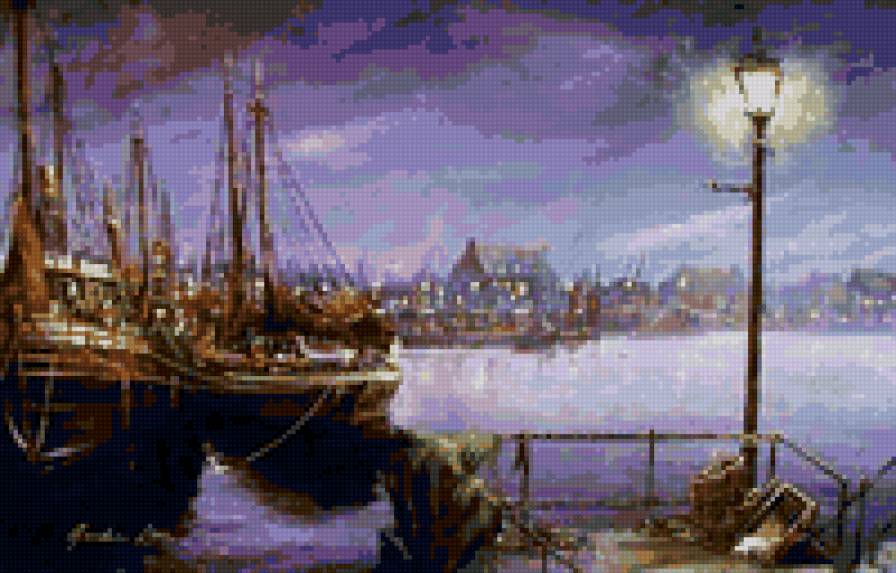 ночь в приморском городе - корабли, море, городской пейзаж, ночь - предпросмотр