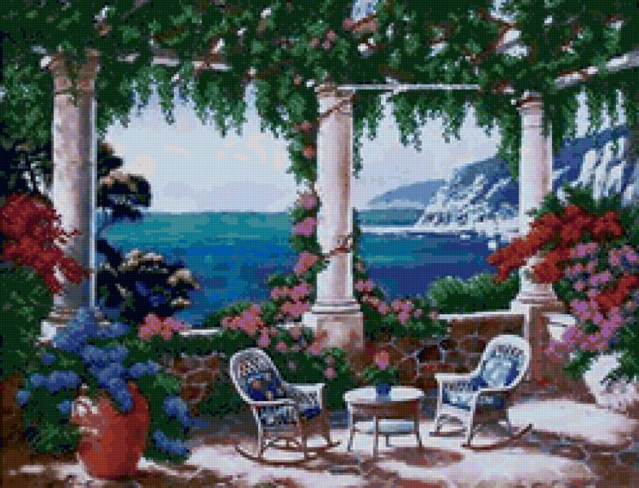 Терраса - природа, пейзаж, колонна, красота, терраса, море, цветы - предпросмотр